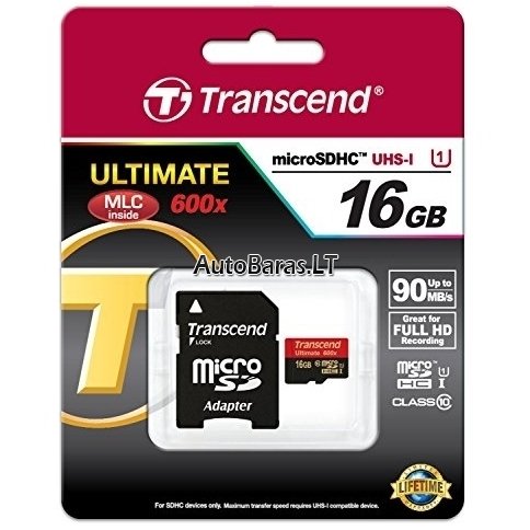 Atminties kortelė - Transcend Ultimate micro SDHC su adapteriu 16gb 10class UHS1 class 90mb/s 600x