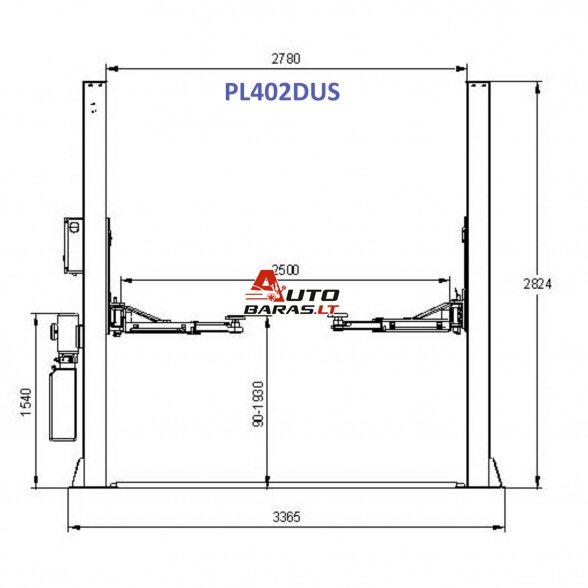 PULI Hidraulinis 2 kolonų keltuvas su mech. saugumo fiksatoriais (vienpus fiksavimas), 4.0t 1