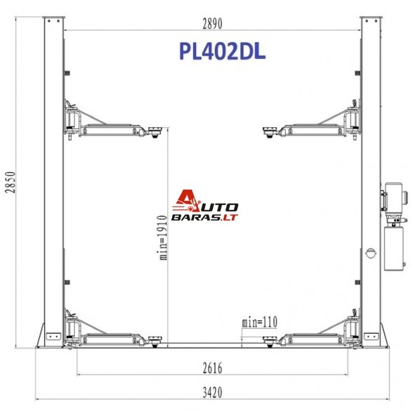 PULI Hidraulinis dviejų kolonų keltuvas su mechaniniais fiksatoriais (su prailg. letenomis) 4t 1