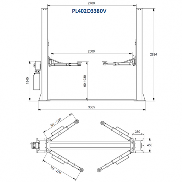 PULI Hidraulinis dviejų kolonų keltuvas su mechaniniais saugumo fiksatoriais (3 pakopų letenos), 4.0t 1