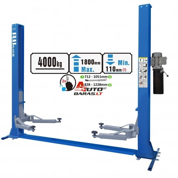 PULI Hidraulinis dviejų kolonų keltuvas su mechaniniais saugumo fiksatoriais, (su pagrindu), 4.0t