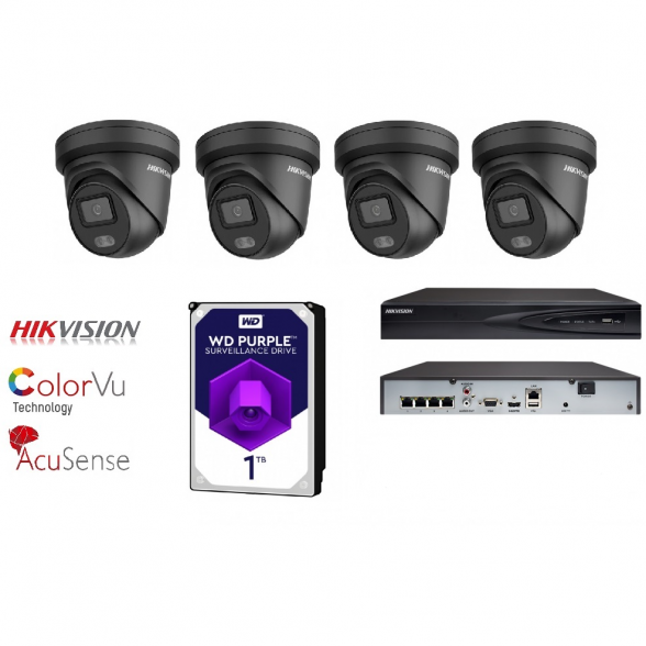 Hikvision ColorVu IP vaizdo kamerų komplektas 4x DS-2CD2347G2-L(U) 1x NVR 1x WD 1TB