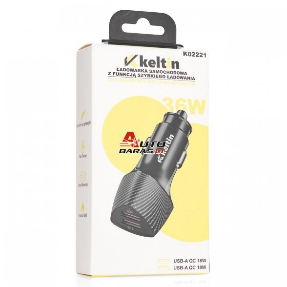 KELTIN automobilinis +12V USB kroviklis 36W 7.2A (QC3.0) 3