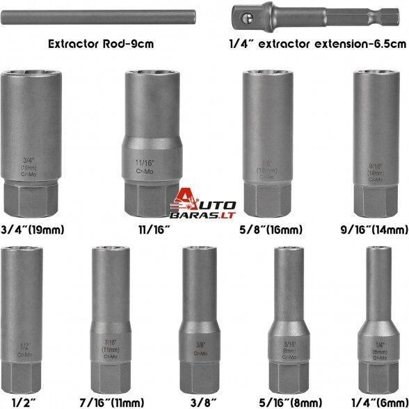 Pažeistų veržlių atsukėjų 3/8'' rinkinys 11vnt. (6-19mm) 2