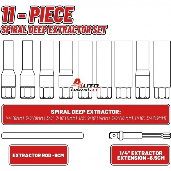 Pažeistų veržlių atsukėjų 3/8'' rinkinys 11vnt. (6-19mm) 5