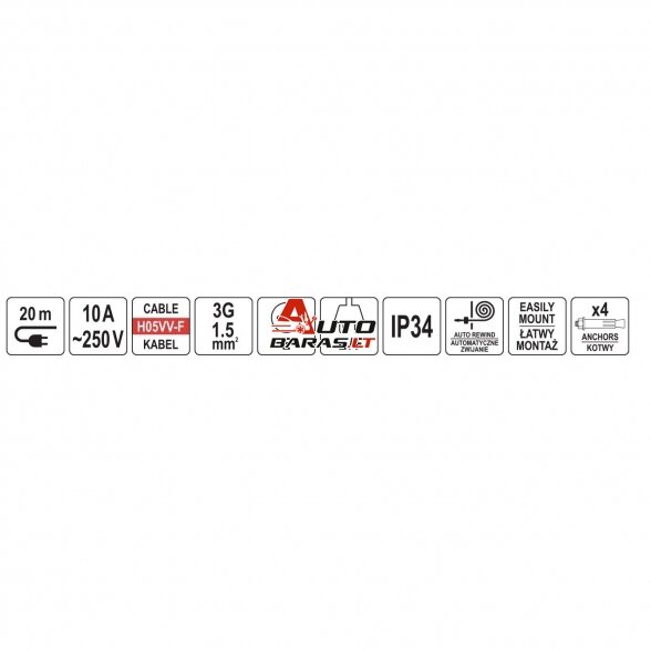 YATO elektros prailgintuvas su automatine rite 20m 3Gx1.5mm² 250V 1