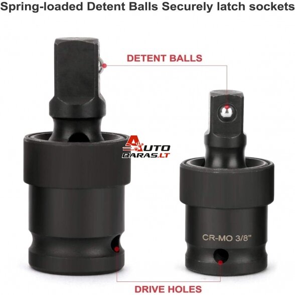 Universalių šarnyrų smūginių rinkinys 3vnt. 1/4"+3/8"+1/2" 2