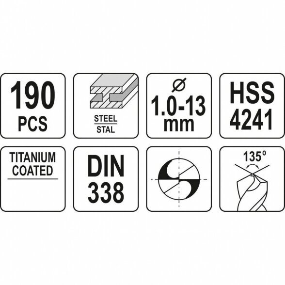 YATO GRĄŽTŲ RINKINYS HSS (190VNT) 1.0-13.0MM 2