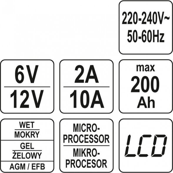 YATO ĮKROVIKLIS AKUMULIATORIUI ELEKTRONINIS 6/12V 2/10A 200AH 6