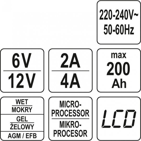 YATO ĮKROVIKLIS AKUMULIATORIUI ELEKTRONINIS 6/12V 2/4A 200AH 5